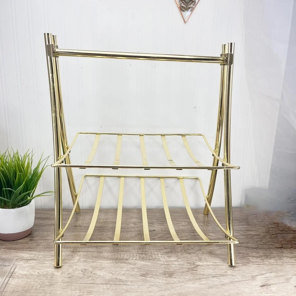 Mid-Century Brass Magazine‎ Rack: Gold Towel Holder with Handle